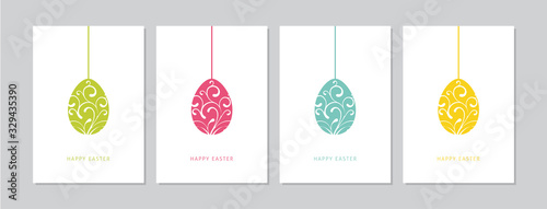 Easter cards set with hand drawn hangings ornamental eggs, with swirls. Doodles and sketches vector vintage illustrations, DIN A6.