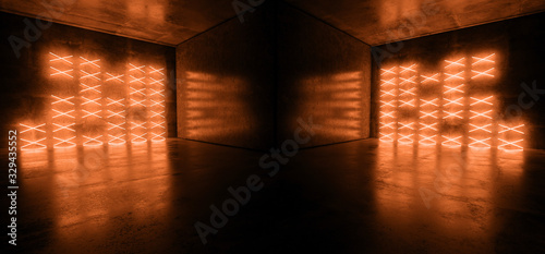 Neon Cyber Sci Fi Futuristic Modern Stage Podium Cross Shaped Orange Glowing Led Laser Dance Club Lights Dark Grunge Concrete Reflective Room Empty Space 3D Rendering