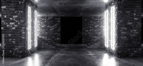 Fototapeta Naklejka Na Ścianę i Meble -  Retro Neon Futuristic Grunge Brick Concrete Glowing White Empty Dance Podium Room Club With Stairs Sci Fi Lasers Rays Vibrant 3D Rendering