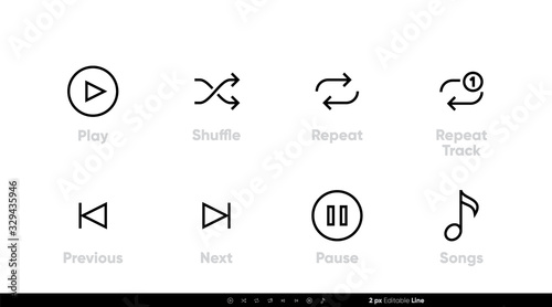 Songs and Music Control UI icons. Play, Shuffle, Repeat Track, Next, Previous and Pause vector set. Editable line vector