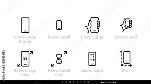 Phone, different sizes and specifications. Large, small and extra large sizes and screenshot icons, Editable line vector set photo