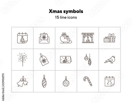 Xmas symbols line icon set. Bauble, Bengal fire, bell sign pack. Winter holidays concept. Vector illustration symbol elements for web design and apps
