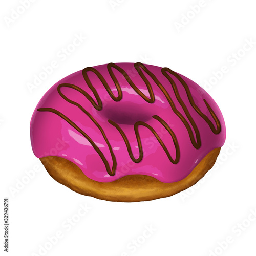Colorful Isolated Donut. Realistic Pink Glaze with Chocolate Cream