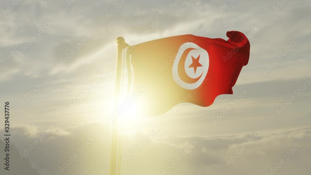 Flag of Tunisia Waving in the wind, Sky and Sun Background, Slow Motion, Realistic Animation, 4K UHD 60 FPS Slow-Motion