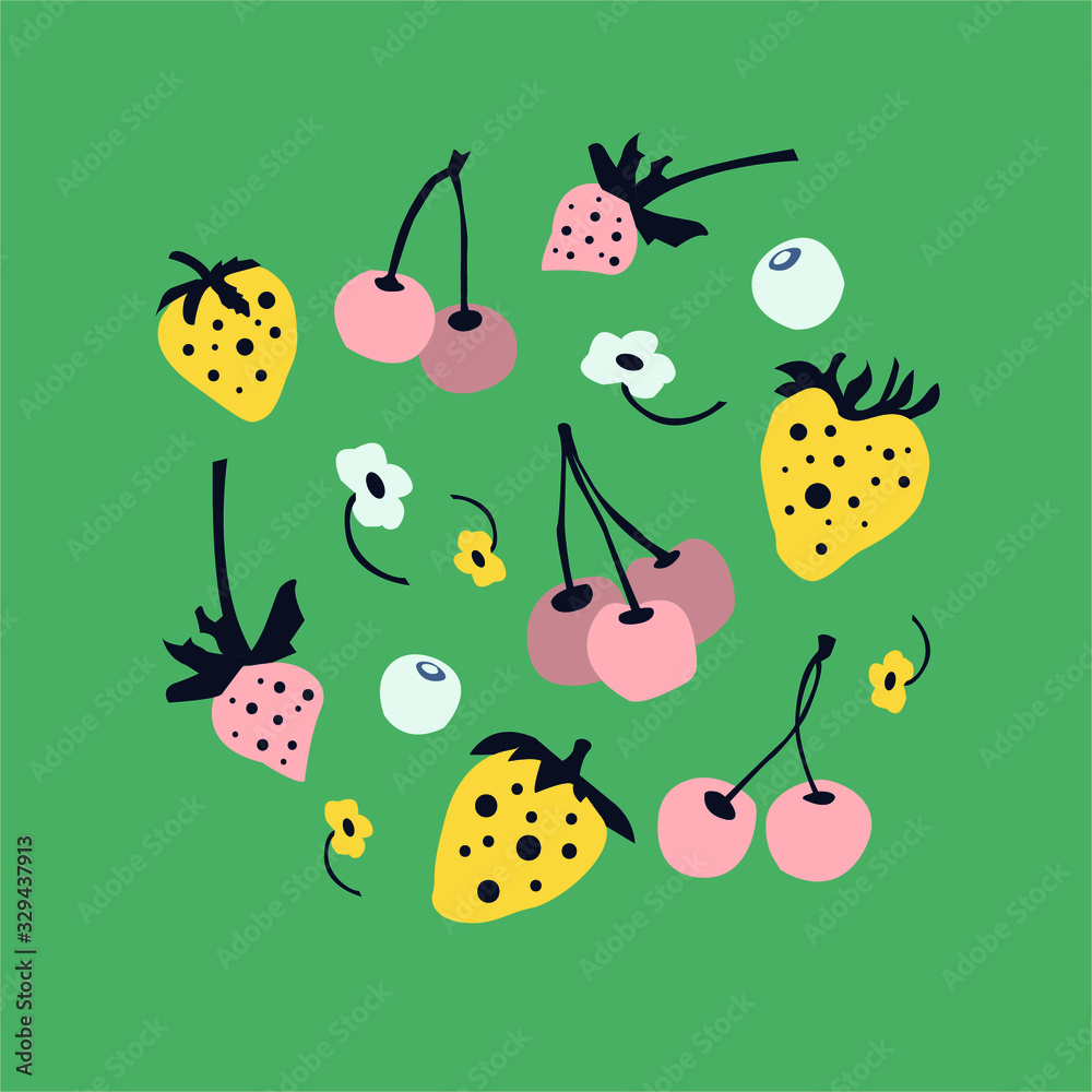 Vector flat set with fruit, strawberries, cherry, blueberry on the green background. Cartoon berries. Vegan shop, summer food. For web banners, poster, covers, package wallpaper. Elements are isolated