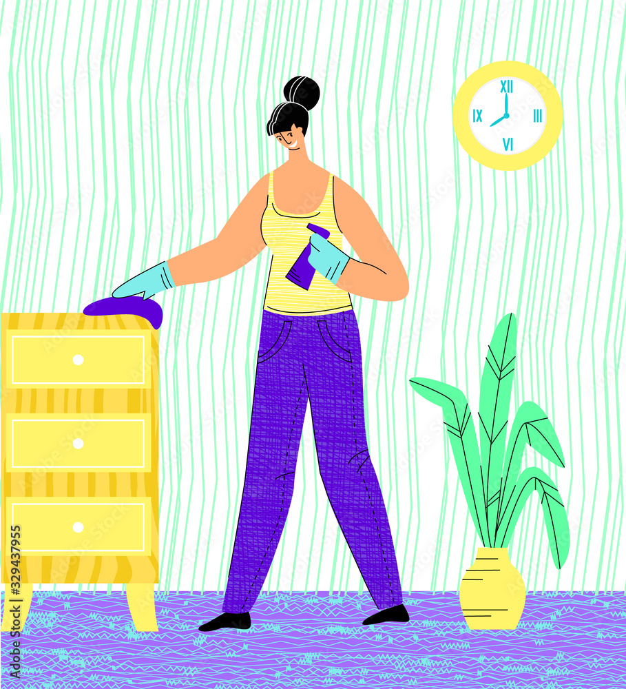 Vector flat illustration with young happy woman doing household chores, wiping dust from surfaces. Concept housework, cleaning, creating comfort in house, living alone. Use in web design, banners, etc