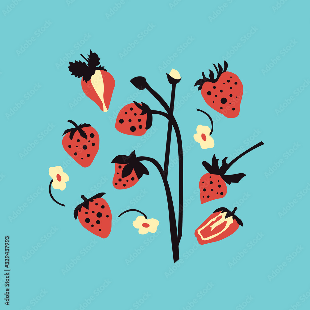 Vector cartoon qset with handraw red strawberries on the blue background. For menu design, children books, poster, web design. Doodle style. Vegan, summer. All elements are isolated. Vector clip art.