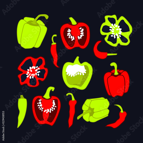 Vector cartoon set with red and green peppers isolated on dark background. Colorful flat clip art for web banners  kitchen textile  children book  vegan poster  cover  package. Organic vegetables.