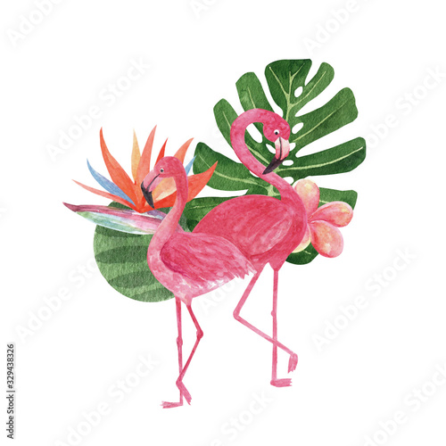 Tropical composition with watercolor flamingo. Beautiful hand drawn illustrations for decoration, print, posters, textile design, postcard. Isolated on white background © anntre
