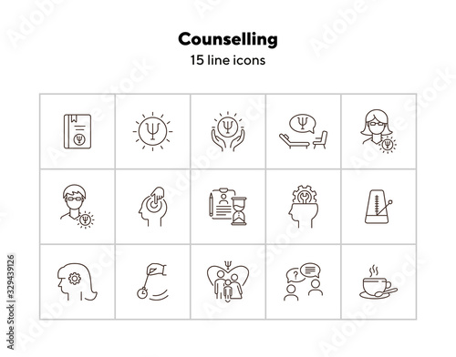 Counselling line icon set. Psi letter, hypnosis, cup of tea. Psychology concept. Can be used for topics like mental science, psychological help, assistance