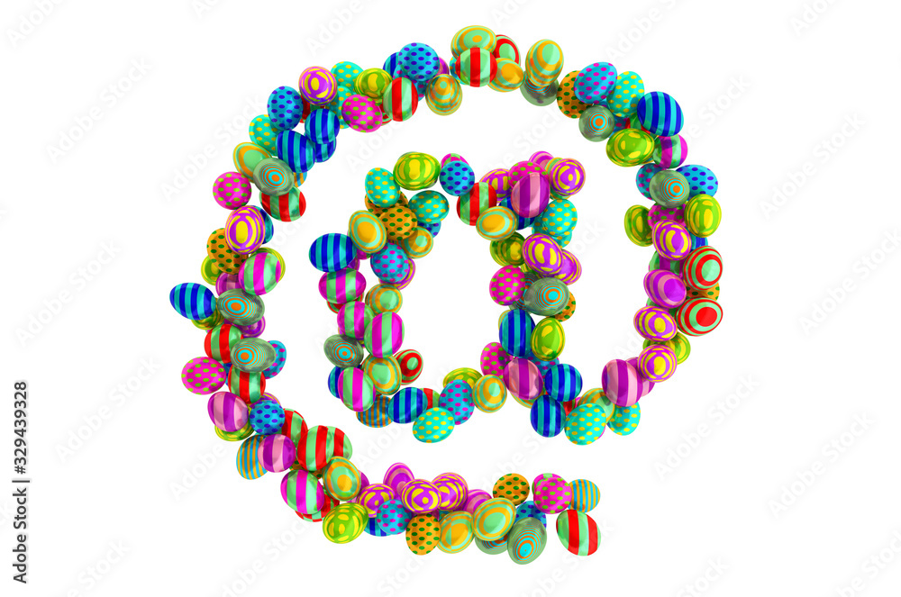 E-mail, at sign from colored Easter eggs, 3D rendering E-mail, at sign from colored Easter eggs, 3D rendering
