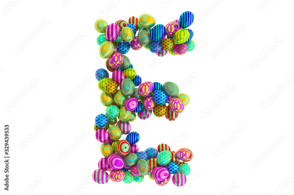 Letter E from colored Easter eggs, 3D rendering