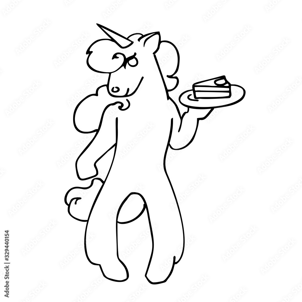 Plakat cute black and white vector unicor with piece of cake