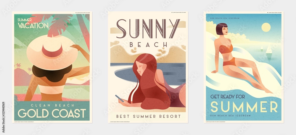 Retro Design Summer Holiday and Summer Camp poster. Girl relaxing on the beach. Vector - obrazy, fototapety, plakaty 