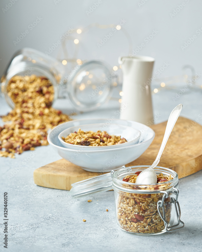 Cozy homemade breakfast with granola. A healthy start to the day. Light food photo Cozy homemade breakfast with granola. A healthy start to the day. Light food photo