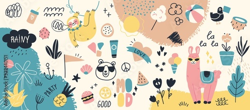 Collection of summer holiday, travel, beach vacation, tropical party decorative design elements isolated on white background. Flat cartoon colorful vector illustration.