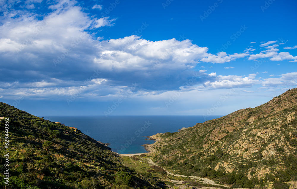 Panorama of Rocks on the coast of El Port de la Selva. in a beautiful summer day, Costa Brava, Catalonia, Spain