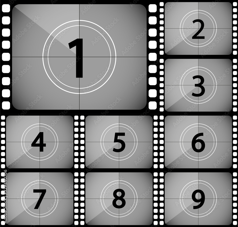 Big set a classic film countdown frame at the number one, two,three,four,five,six,seven,eight and nine. Old fashioned film counter. Vector