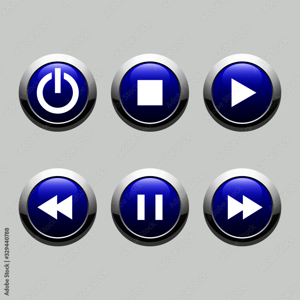 Buttons for player: stop, play, pause, rewind, fast forward, power. Vector illustration. Buttons for player: stop, play, pause, rewind, fast forward, power. Vector illustration.