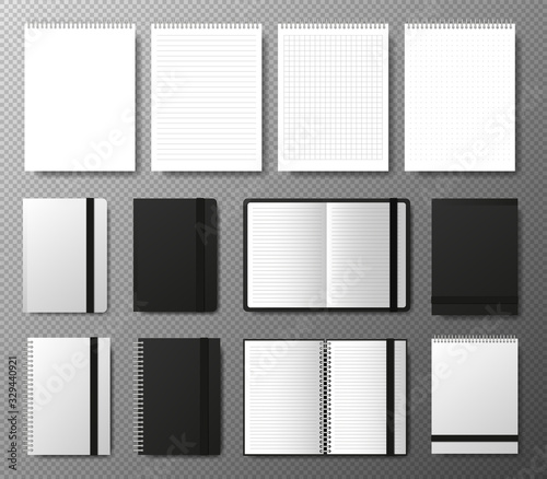 Big collection realistic blank black open and closed copybook template with elastic band and bookmark on transparent background. Four realistic notebooks lines and dots paper page. Vector