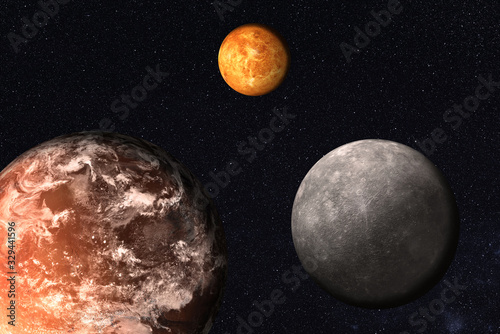 Planets of solar system together in space. Earth, Mars, Mercury. Science fiction wallpaper. Elements of this image were furnished by NASA. photo