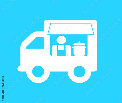 Food truck in white on blue background