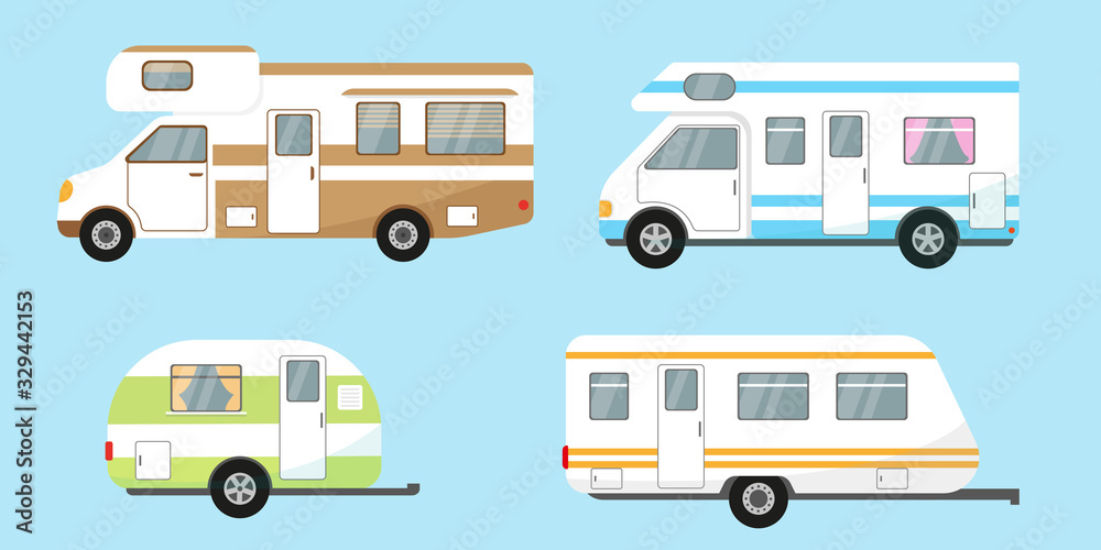 Camping trailers set on blue background.