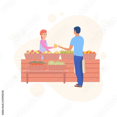 Farmer's market, a cheerful saleswoman stands behind the counter and sells fruit, apples, pears, oranges and vegetables, the buyer chooses fruit. Vector illustration for your creativity