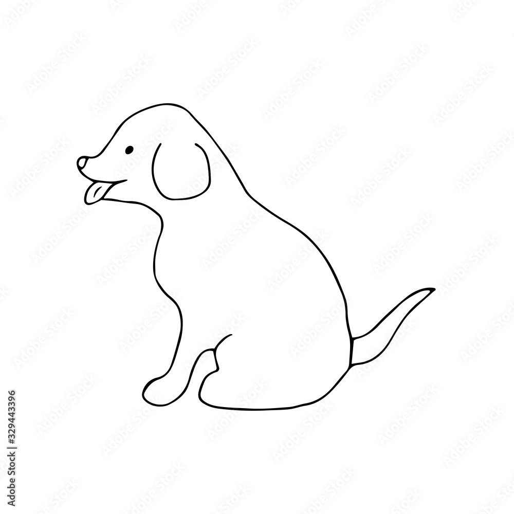 A happy playful dog is sitting and looking with its tongue hanging out. National Puppy Day. Lovely animal, people best friend, favorite pet. Black and white doodle style illustration vector