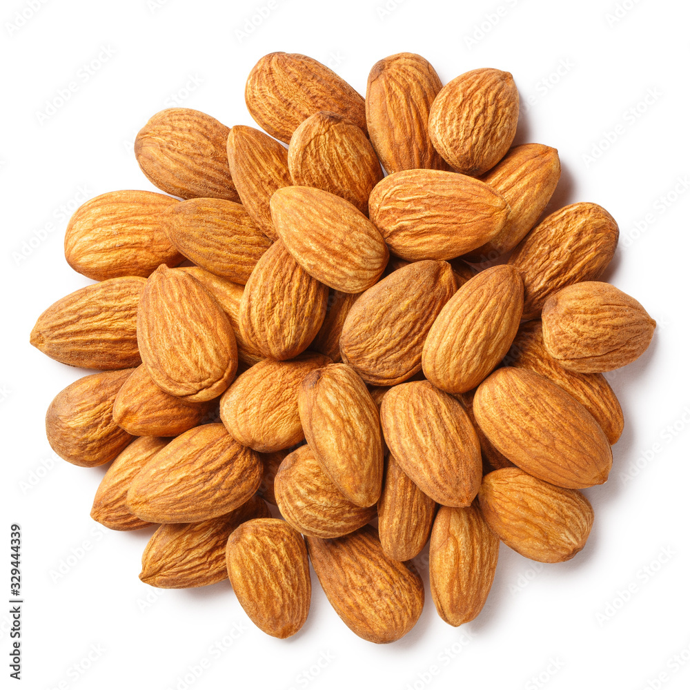 Delicious almonds, isolated on white background, top view Delicious almonds, isolated on white background, top view