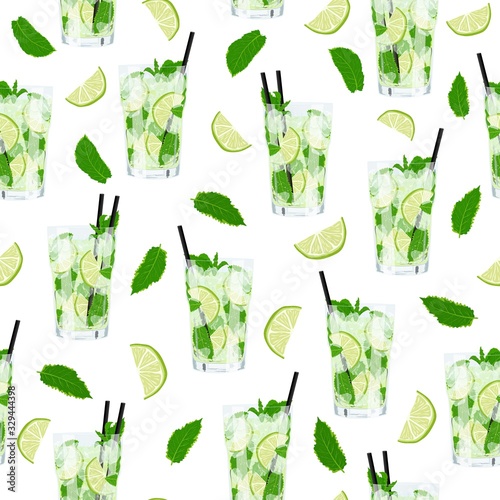 Vector seamless pattern with glass of lemonade or mojito cocktail with flying mint and lime citrus fruit on white background. Summer party backdrop with fresh drinks, mint leaves and slice of lime.