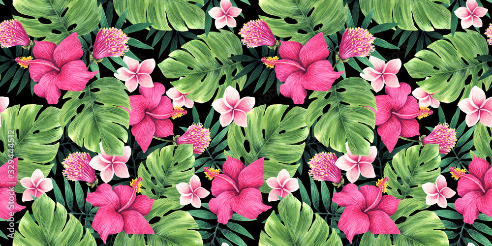 Naklejka Seamless floral pattern of tropical flowers and leaves.