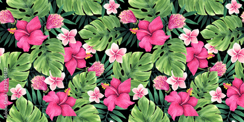 Seamless floral pattern of tropical flowers and leaves.