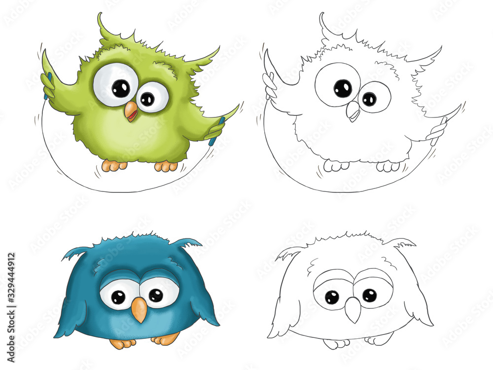 Illustration funny cartoon cute green owl with jumping rope blue sad owl isolated on white background with contour for coloring for children