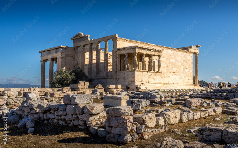 Athens, Greece - Oct 0, 2019. The Erechtheion an ancient Greek temple on the north side of the Acropolis of Athens, Attica, Greece
