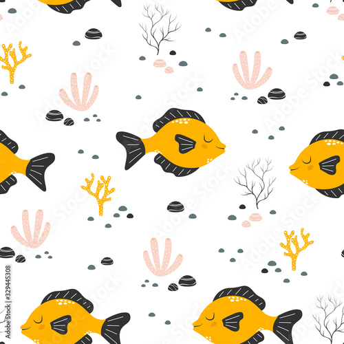 seamless pattern with cute fish isolated on white