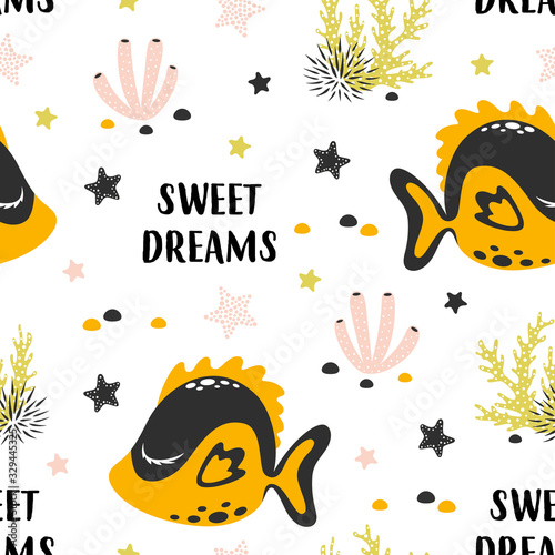 seamless pattern with cute fish isolated on white, sweet dreams