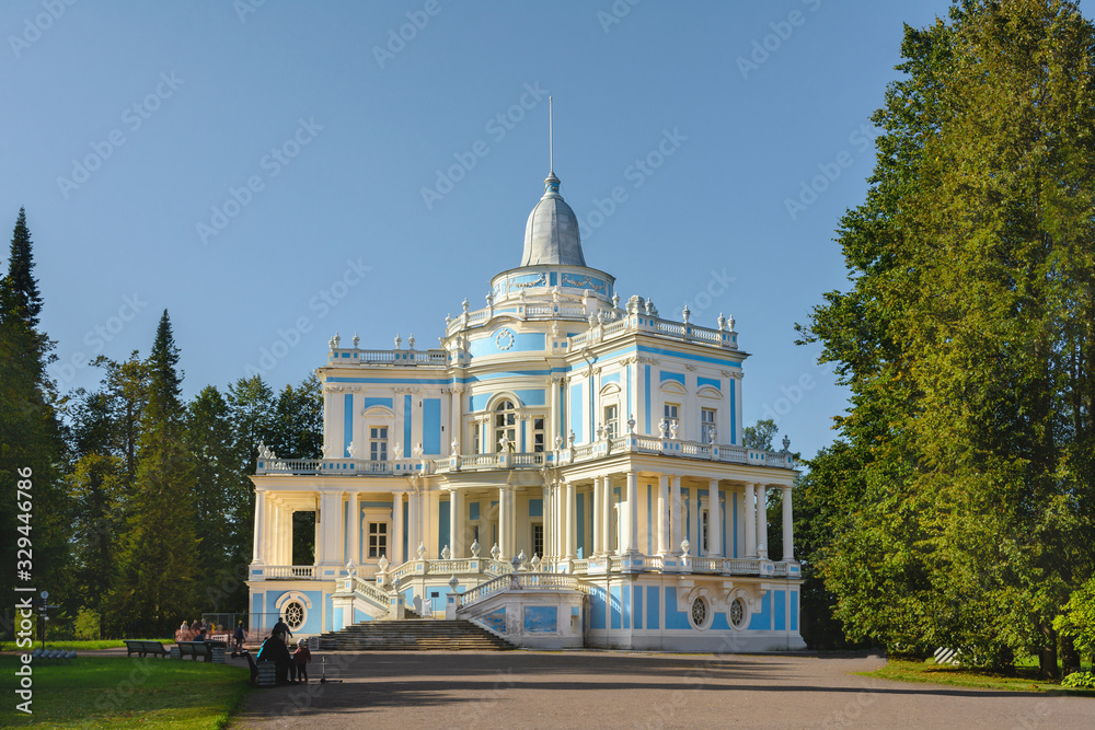 Katalnaya Gorka Pavilion in Oranienbaum. Height 33 meters. The building is located in the western part of Upper Park, at its northern border. The building in the rays of the setting sun.