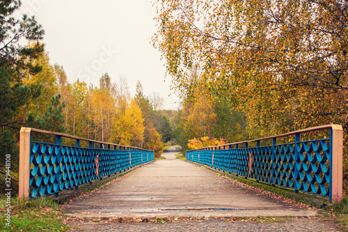 Blue old bridge over the river, yellow autumn forest in the Park, road
