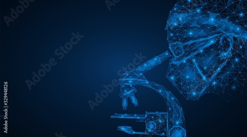Research associate of the laboratory. The scientist looks through a microscope.Free space for information.  Polygonal futuristic design.