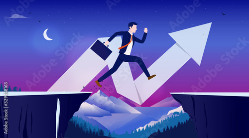 Risky business - Man jumping over dangerous cliff with rising arrow. Night landscape in background with moon and mountains. Courage, success and danger concept. Vector illustration.