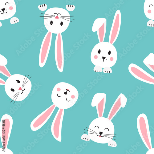 Seamless pattern with cartoon Easter bunnies, face of rabbits on turquoise background. Vector illustration