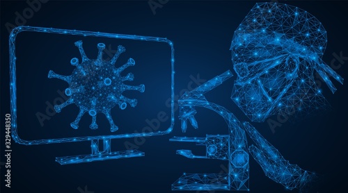 Covid-19 Coronavirus. Researcher of the laboratory for studying coronavirus. The scientist looks through a microscope. Virus on the monitor screen. Futuristic polygonal design.