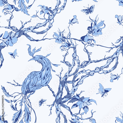 Seamless chinoiserie pattern with bird, flowers and butterflies. Vector patch for print, fabric and interior design