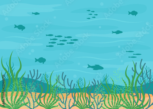 Seascape, underwater background sea flora and fauna. Sea plants and fishes silhouettes. Panoramic marine bottom. Vector illustration