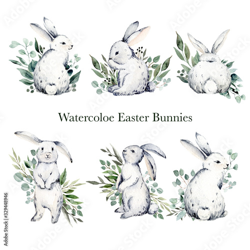 Watercolor easter bunnies and green leaves