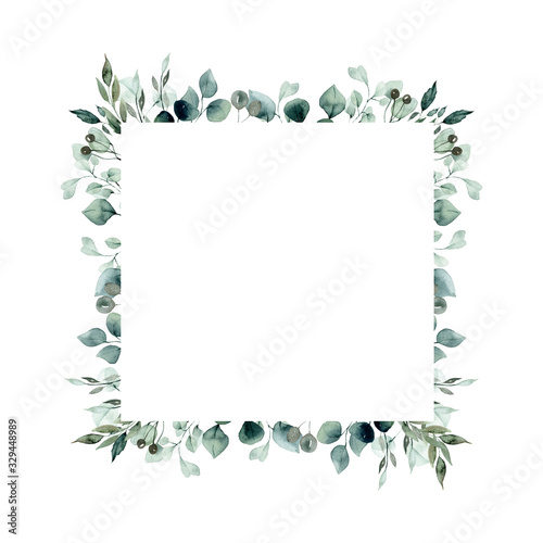 Watercolor square frame with greens © vanilnoe_nebo