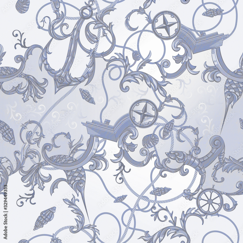 Marine baroque pattern with golden chains, fishes and anchors. Vector seamless patch for scarfs, print, fabric
