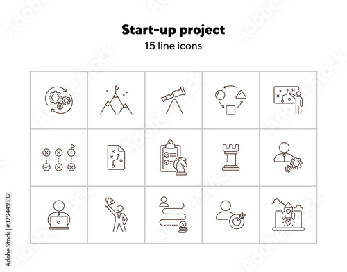Start-up project icon set. Line icons collection on white background. Achievement, goal, task. Logic concept. Can be used for topics like strategy, game, gamification