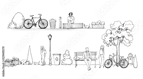Vector hand drawn illustration. Street sketchy elements separated and isolated on white background. Line art detailed, with lots of objects for urban design, printing, doodle pattern.